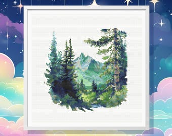 Watercolor Forest Mountain Cross Stitch Pattern (PDF Pattern)