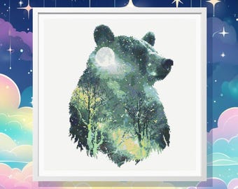 Forest Bear Double Exposure Cross Stitch Pattern (Instant Download)