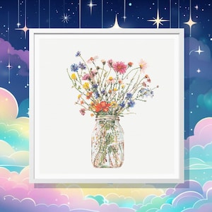 Wildflower Bouquet Cross Stitch Pattern: Rustic Jar Design (PDF Pattern)