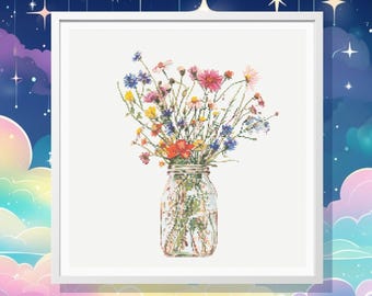 Wildflower Bouquet Cross Stitch Pattern: Rustic Jar Design (PDF Pattern)