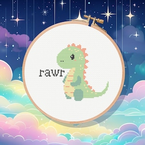 Rawr cute dinosaur cross stitch pattern, instant download, pdf chart, DIY Nursery Art, Easy, Beginner