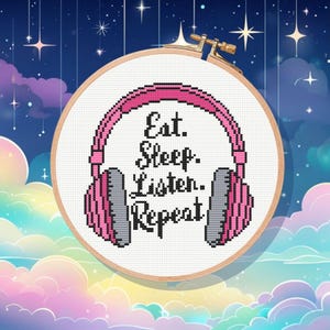 Eat Sleep Listen Repeat Cross Stitch Pattern: Music Lover Gift (PDF Pattern)