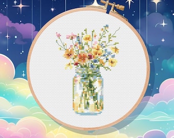 Wildflower Jar Cross Stitch Pattern: Watercolor Floral Design (PDF Pattern)