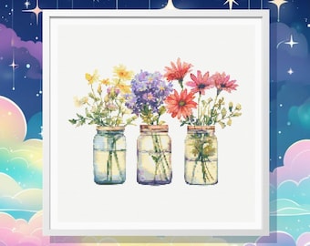 Patrón de punto de cruz "Tarros de flores silvestres": Decoración floral para el hogar (Patrón PDF)