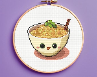 Noodles Cross Stitch Pattern, Instant Download, Cute, Adorable, Ramen, Pasta, Kawaii,