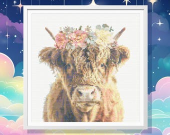 Highland Cow Cross Stitch Pattern: Floral Crown, Rustic Home Decor (PDF Pattern)