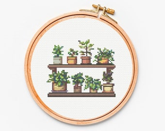 Plant Shelf cross stitch pattern, pdf, instant download, plant lover, apothecary, chart, potted plants