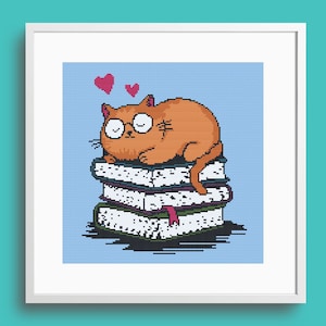 Cat and Books Cross Stitch Pattern, instant Download, pdf pattern Book Lover Gift