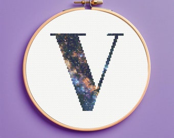 Milky Way Galaxy Initial V Cross Stitch Pattern, monogram, instant download, pdf pattern letter cross stitch pattern, Personalized gift