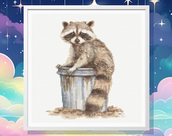 Raccoon on Trash Can Cross Stitch Pattern: Whimsical Watercolor Animal Chart (PDF Pattern)