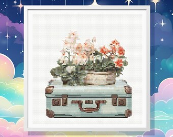 Vintage Suitcase Cross Stitch Pattern: Bon Voyage Flowers (PDF Pattern)
