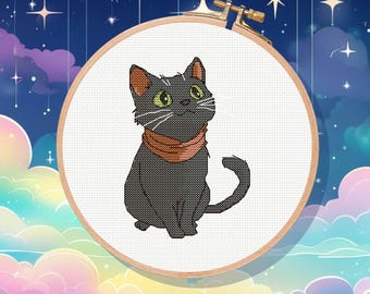 Black Cat Cross Stitch Pattern: Halloween Kitten (PDF Pattern)