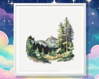Watercolor Forest Mountain Cross Stitch Pattern (PDF Pattern)