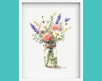 Flowers in Jar Cross Stitch Pattern: Cottagecore Floral DIY (PDF Pattern)