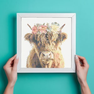 Highland Cow Cross Stitch Pattern: Floral Crown, Rustic Home Decor (PDF Pattern)