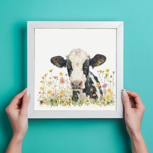 Cow in Wildflower Meadow Cross Stitch Pattern, rustic, animal, chart, instant download, farm,