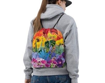 Floral rainbow drawstring bag