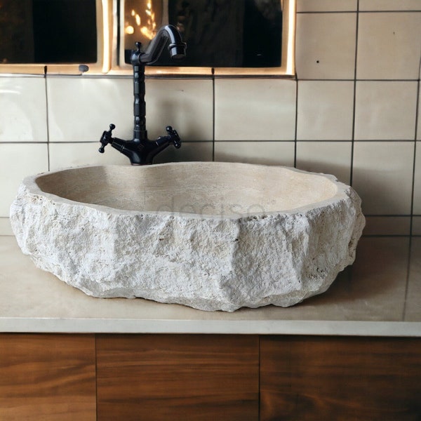 Travertine washbasin made natural with free blasting. 100% Natural Stone. Completely Handcrafted.