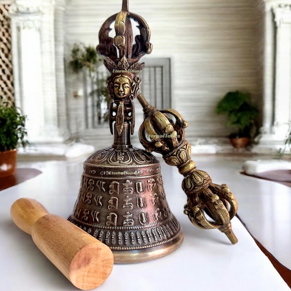 Meditation Bell Authentic Tibetan 7.5" Bronze Bell & Dorje Vajra Set – Quality Sound for Healing and Yoga. Handmade with Premium Bell Metal.