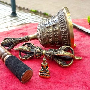 Premium Quality Meditation Bell Authentic Tibetan 6" Bronze Bell & Dorje Vajra Set for Healing and Yoga.