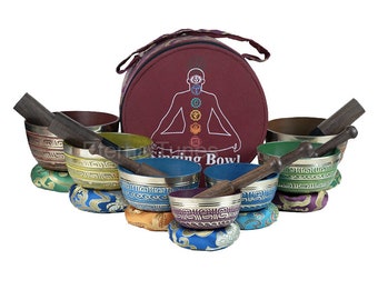 Sale~ Chakra Healing Singing Bowl Set of 7 Hand Painted Tibetan Sound Meditation Bowls with 7 Mallets and Cushions.