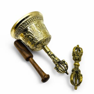 Tibetan Bell and Dorje Set. Meditation Bell Authentic Tibetan 6" Bronze Bell & Dorje Vajra Set for Healing and Yoga.