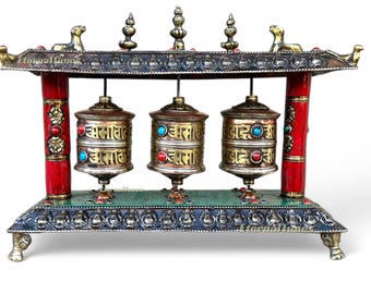 8.75 Inches Tibetan Buddhist Prayer Wheel,  3 Wheel Om Mani Padme Hum Mantra Mane. Ideal for your home altar or spiritual space. Buddhism.