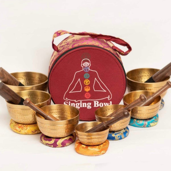 NEW SHOP DISCOUNT~ Chakra Healing Singing Bowl Set of 7 Hand Hammered Tibetan Sound Meditation Bowls with 7 Mallets and Cushions.