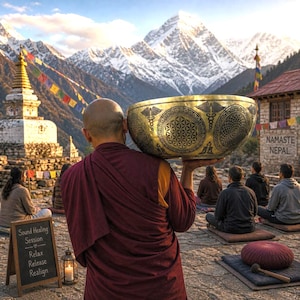 May include: A person in a maroon robe carries a large, ornate golden singing bowl. The bowl features intricate patterns and is held in front of a backdrop of snow-capped mountains, prayer flags, and a traditional building. The scene suggests a sound healing session.