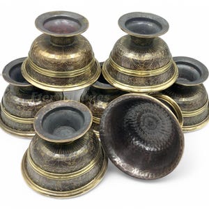 4&quot; Tibetan Offering Bowls Set with Stand for Buddhist Rituals Hand Carved with Antique Finish 7-Pieces Handmade in Nepal Spiritual Artifacts