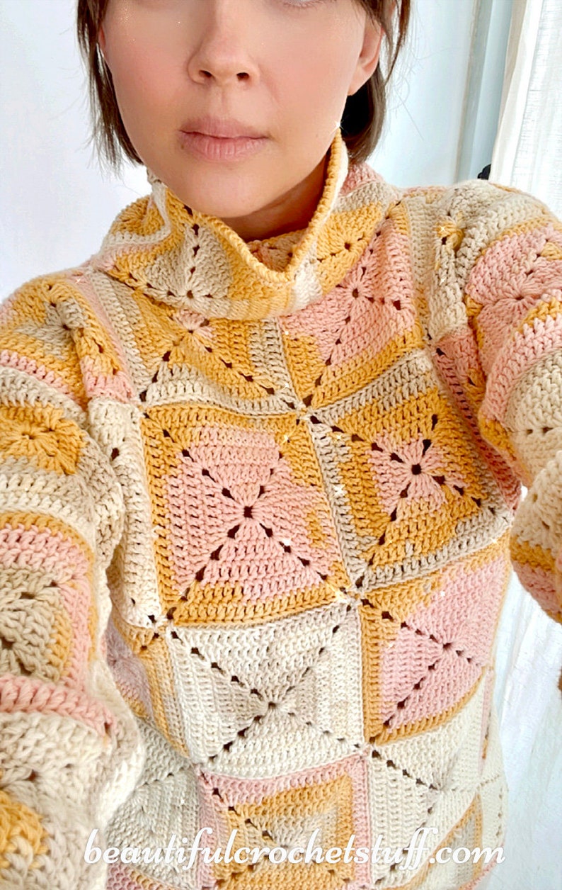 Crochet Turtleneck Granny Square Sweater PDF Pattern: Crochet Granny Square Pullover, Crochet Turtleneck Jumper, Granny Square Jersey image 7