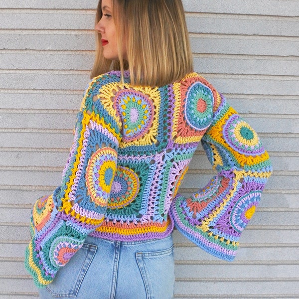 Crochet Granny Square Boho Sweater Pattern: Long Sleeve Festival Top (PDF Pattern)