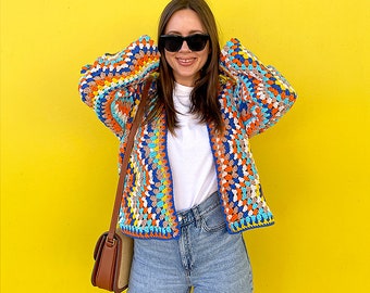 Patron de cardigan à chevrons au crochet : veste grand-mère carrée colorée (Patron PDF)