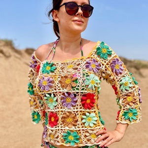 Häkelblumen Top PDF Muster: Schulterfreies Boho Spitzen Top (Digitaler Download)