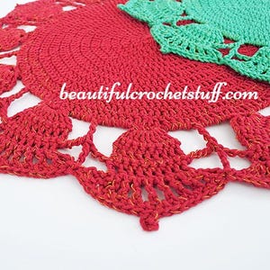 May include: Two crocheted doilies, one red and one green, with a scalloped edge. The doilies are made with a sparkly yarn and have a delicate, intricate design.