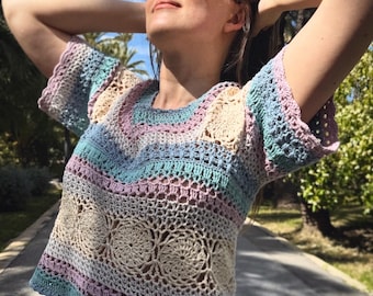 Crochet Boho Striped Top PDF Pattern: Crochet Striped Blouse, Crochet Mixed Stitch Top, Crochet Summer Top, Crochet Beach Top, Festival Top