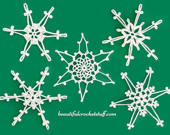 May include: Five white crocheted snowflakes on a green background. The snowflakes are different sizes and designs. The text "beautifulcrochetstuff.com" is at the bottom of the image.