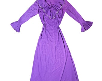 Vintage 70s/80s Purple Maxi Dress Ruffle Slit Bell Sleeve
