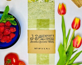 J. Davenport's Famous Reusable Beeswax Wraps: Set of 3, Premium Designer Fabric