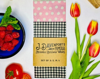 J. Davenport's Famous Reusable Beeswax Wraps: Set of 3, Premium Designer Fabric