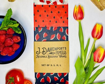 J. Davenport's Famous Reusable Beeswax Wraps: Set of 3, Premium Designer Fabric