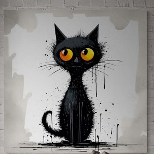 Gato de dibujos animados caprichoso / Pintura de tinta gato negro / Impresión en lienzo// Arte de pared / Impresión de arte de gato negro Gato de Halloween, regalo amante de los gatos, gato divertido