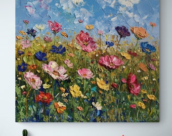 Campo de flores: Pintura al óleo de flores silvestres Impasto / Impresión de lienzo enmarcado / Arte de pared floral para espacios grandes y cualquier espacio / Arte de campo de flores silvestres