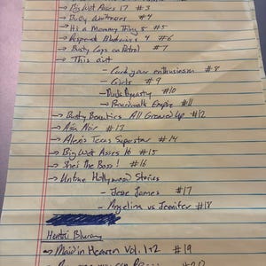 Puede incluir: Una hoja de papel rayado amarillo con una lista escrita a mano en tinta azul. La lista incluye t&iacute;tulos como Igirl Nana, Inside Little Oral Annie, Bis Wet Asses 17, Busty Waitresses, It's a Mommy Thing, Desperate Blackwives y Busty Cops on Patrol.