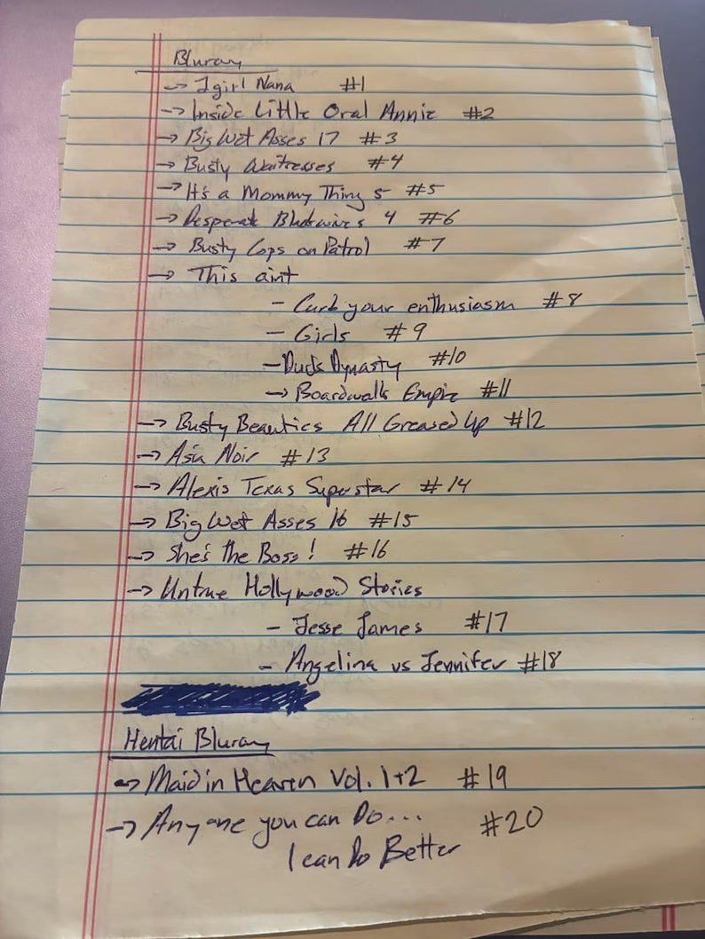 Puede incluir: Una hoja de papel rayado amarillo con una lista escrita a mano en tinta azul. La lista incluye t&iacute;tulos como Igirl Nana, Inside Little Oral Annie, Bis Wet Asses 17, Busty Waitresses, It's a Mommy Thing, Desperate Blackwives y Busty Cops on Patrol.