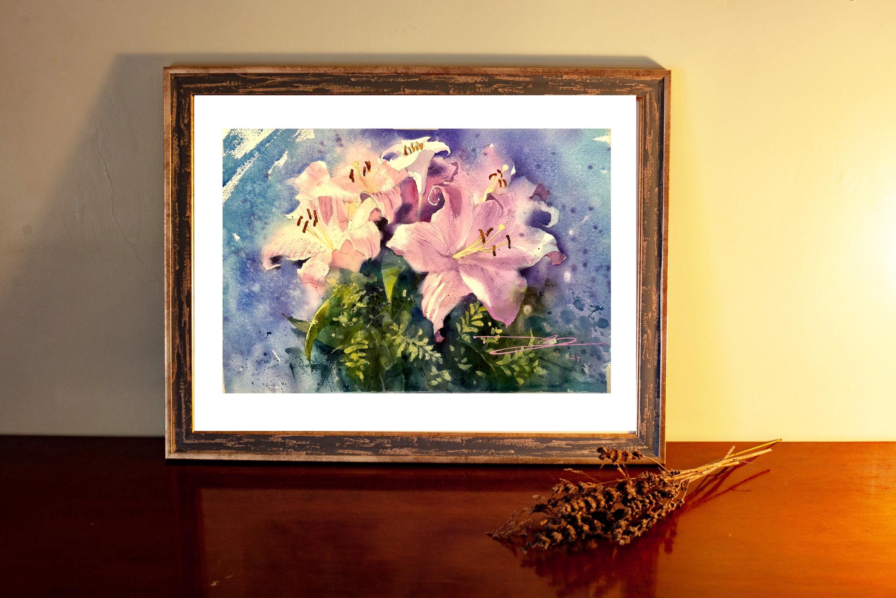 ピンクのユリの花束、オリジナル水彩画、花のアート（56x38） - Etsy 日本
