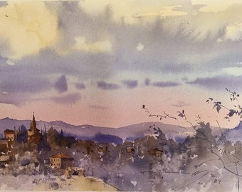 Sunset over the city.Watercolor city landscape. Urban landscape.Townscape.Cityscape. Watercolor painting.Original watercolor.Gift painting