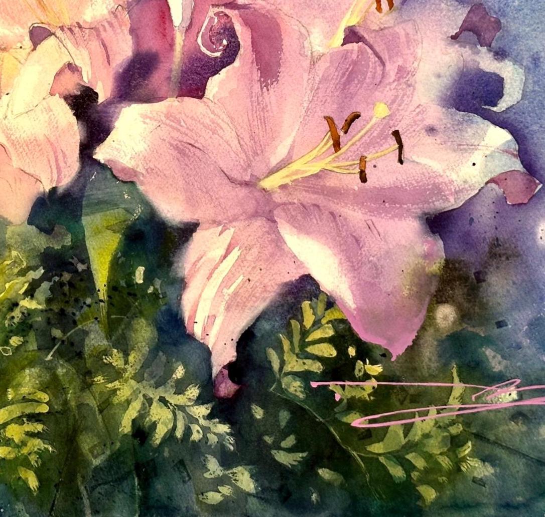 ピンクのユリの花束、オリジナル水彩画、花のアート（56x38） - Etsy 日本