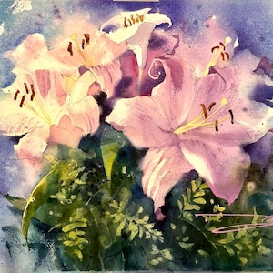 ピンクのユリの花束、オリジナル水彩画、花のアート（56x38） - Etsy 日本