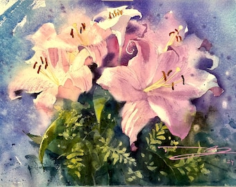 ピンクのユリの花束、オリジナル水彩画、花のアート（56x38） - Etsy 日本